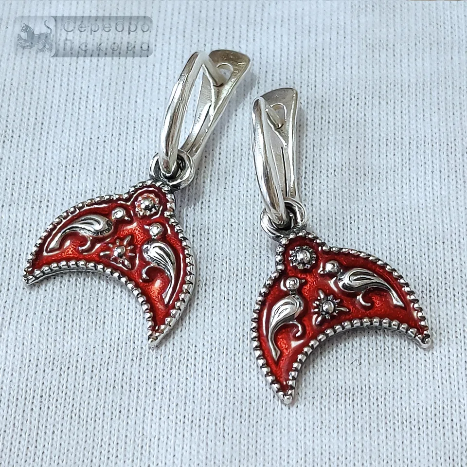 Серьги «Лунница с Птичками» с красной эмалью